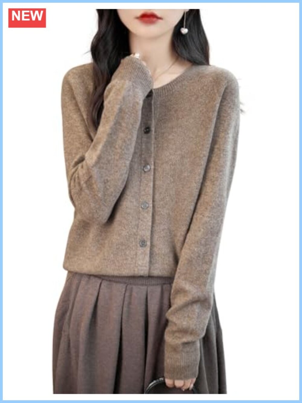 100% Merino Wool Seamless Crewneck Cardigan Sweater Long Sleeve Knit